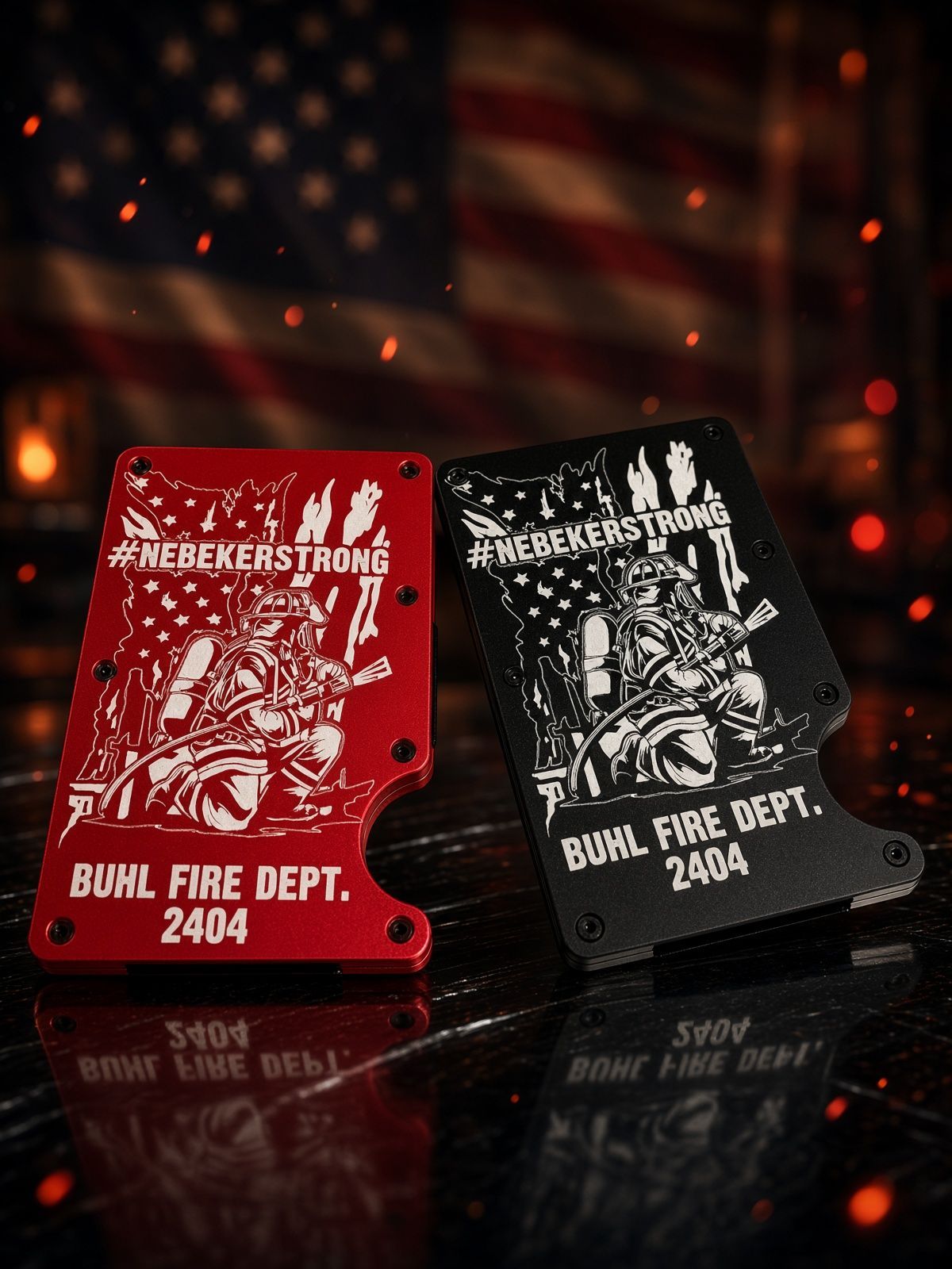 Two firefighter-themed metal tags, one red and one black, on a perforated gray pegboard.