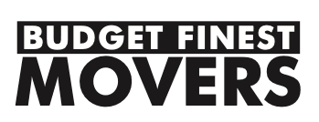 Logo text reading "BUDGET FINEST" in a black rectangle above the word "MOVERS" in bold black sans-serif font.