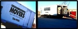 A split-screen view of white moving trucks labeled 