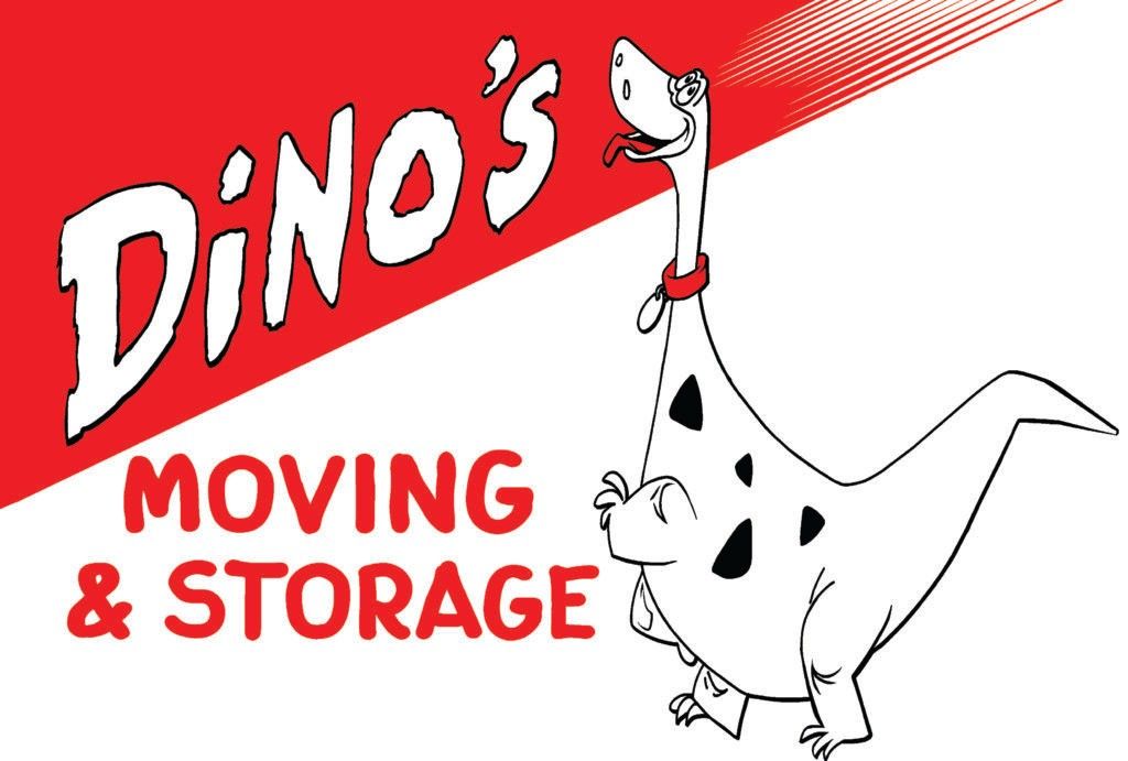 Logo for Dino's Moving & Storage with a cartoon dinosaur mascot next to the company name in red and white.