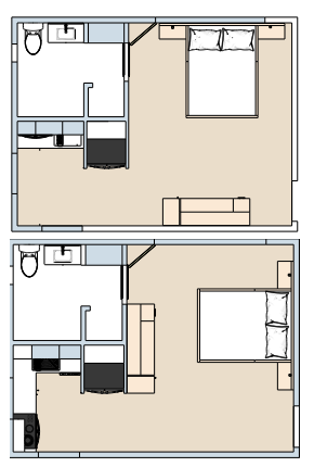 Floor plans of two studio apartments, featuring bedrooms, bathrooms, kitchens, and living areas, with different layouts.