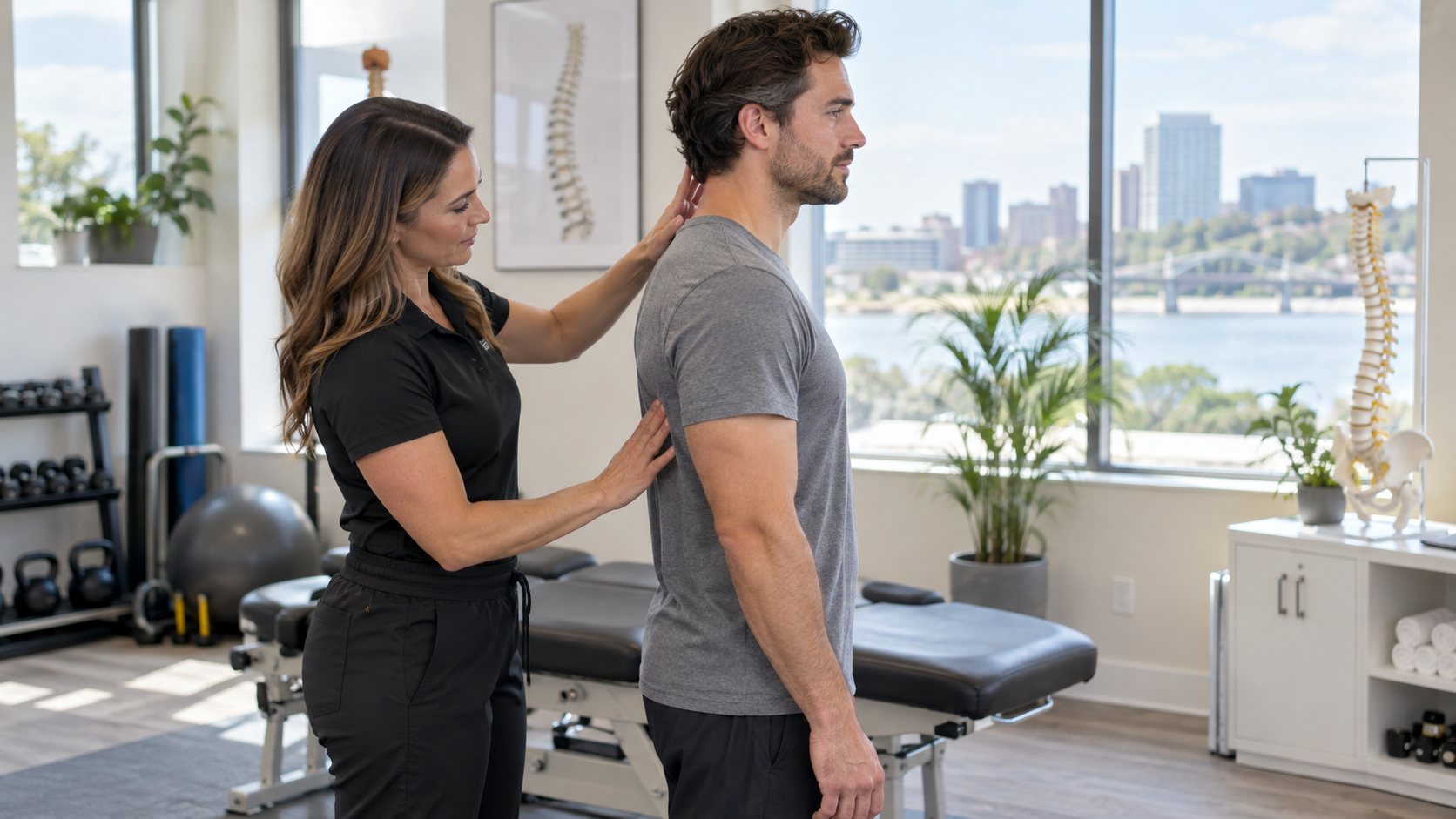 Chiropractor evaluating a patient's posture and spinal alignment in Wilmington, Delaware