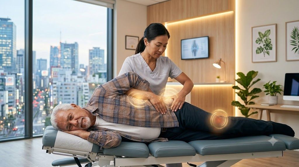Chiropractic professional performing a spinal adjustment on a patient in a modern healthcare office with a city view background.