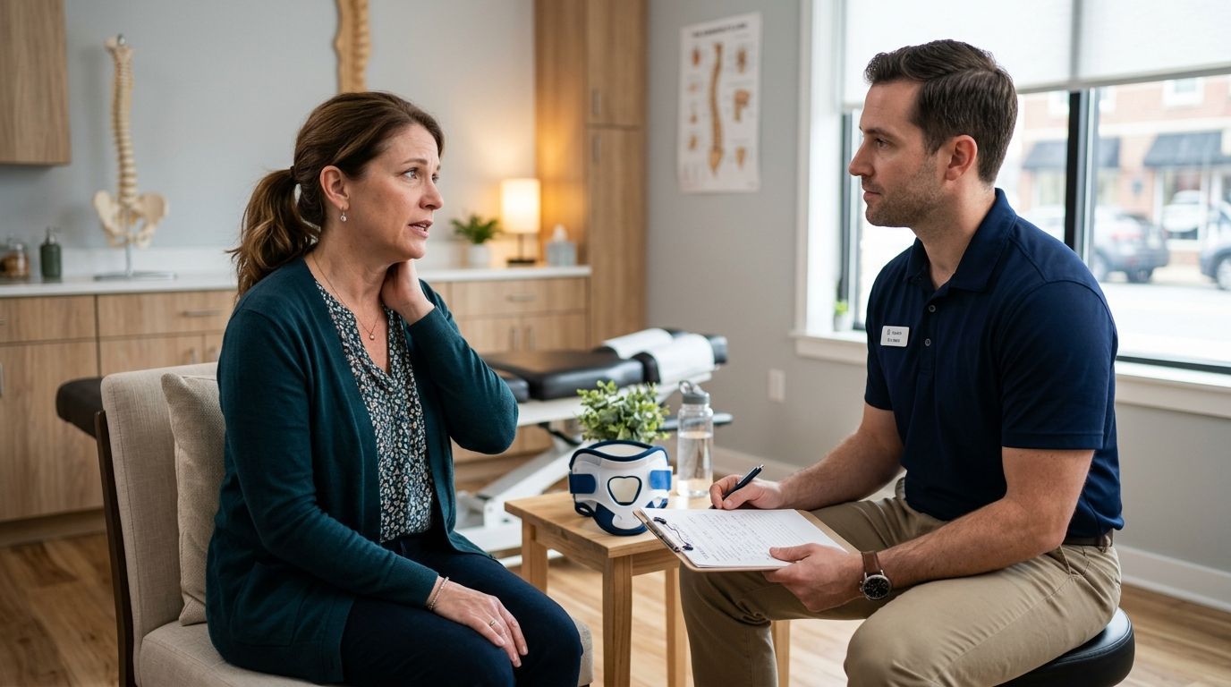 Patient with neck pain consulting a chiropractor after an auto accident.