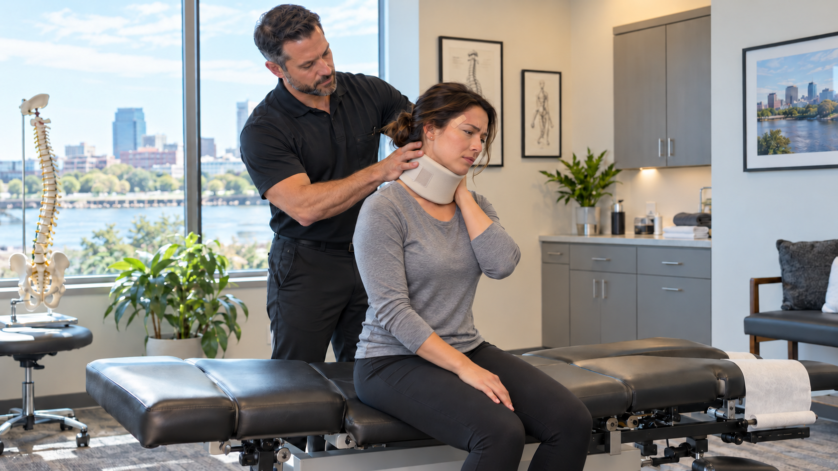 Chiropractor evaluating a patient with a neck brace after a car accident