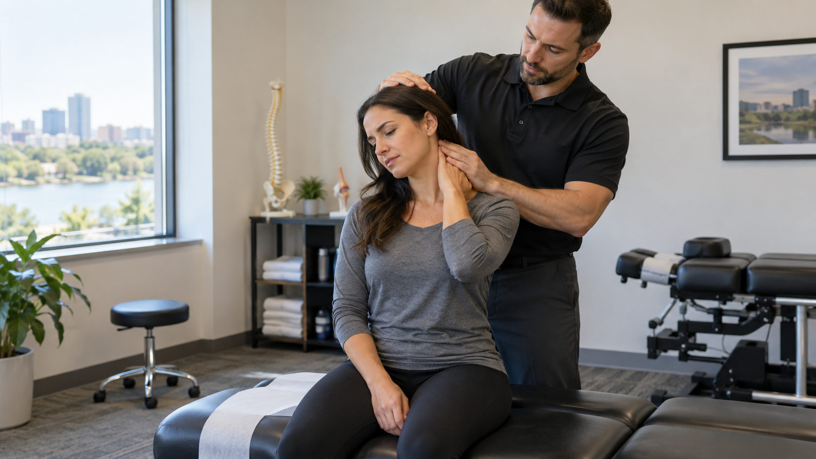Chiropractor evaluating a patient with neck stiffness after an auto accident in Wilmington, DE