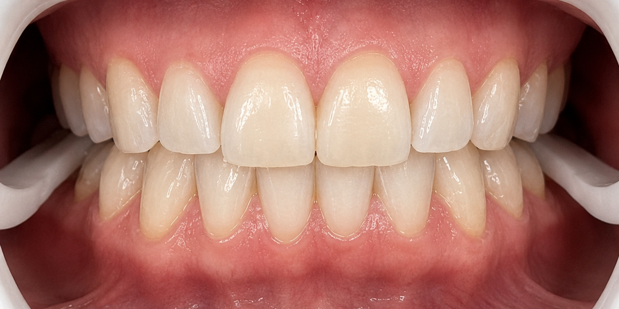 Close-up of a smiling mouth with white teeth and pink gums