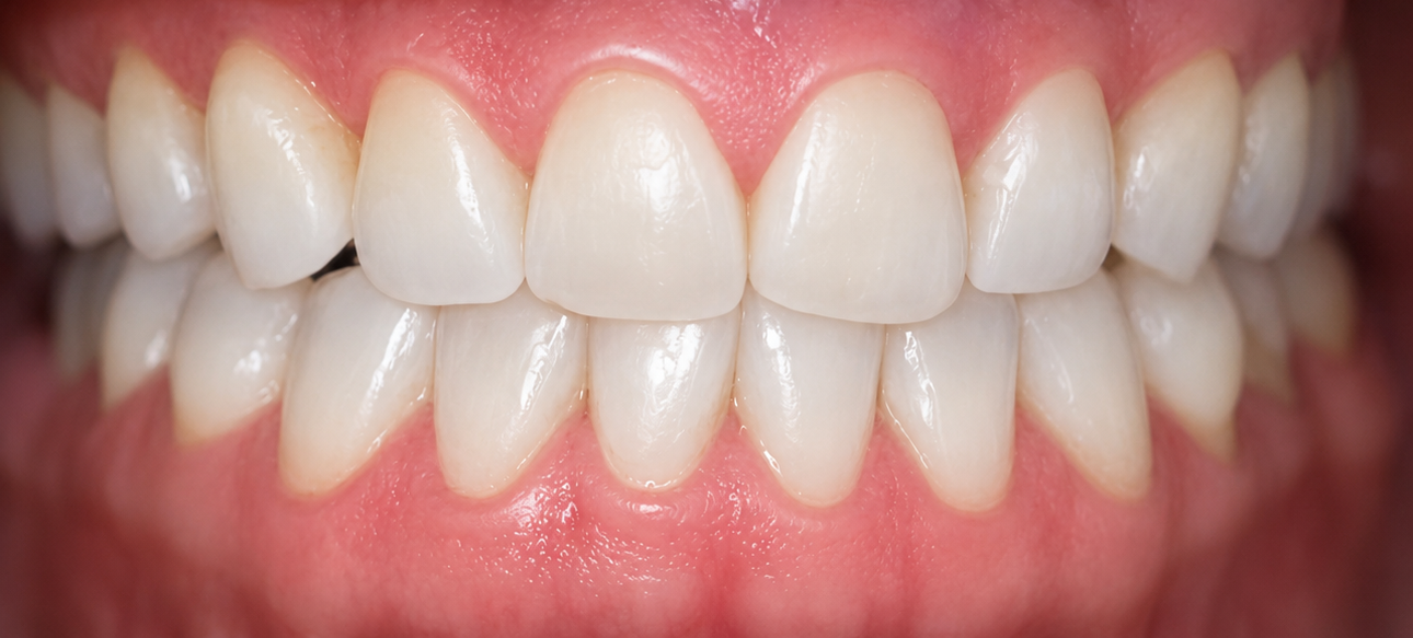 Close-up of white teeth in a smiling mouth with pink gums