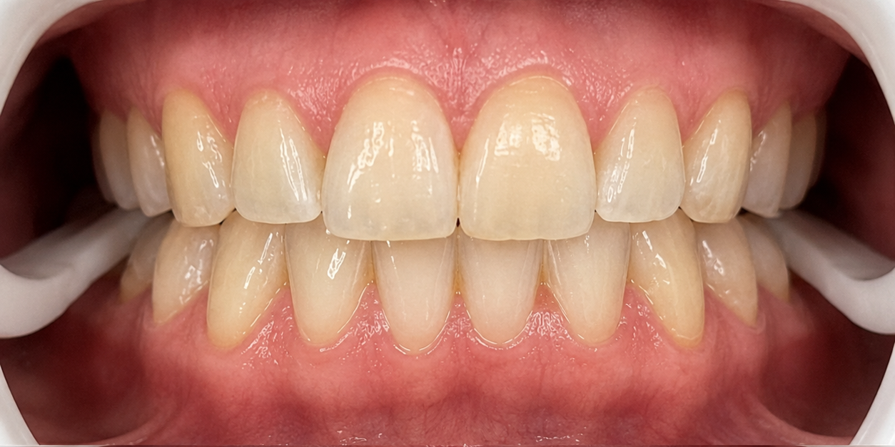 Close-up of straight upper and lower teeth with pink gums, smiling slightly