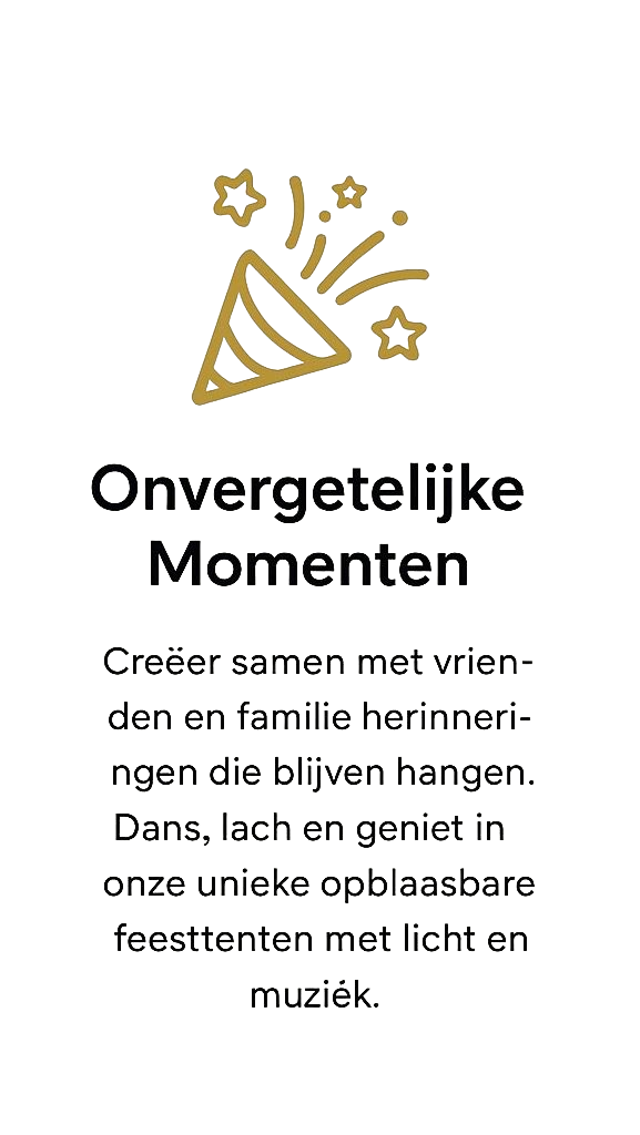 Gouden illustratie van een feesttoeter met tekst die reclame maakt voor opblaasbare feesttenten om onvergetelijke momenten te creëren.