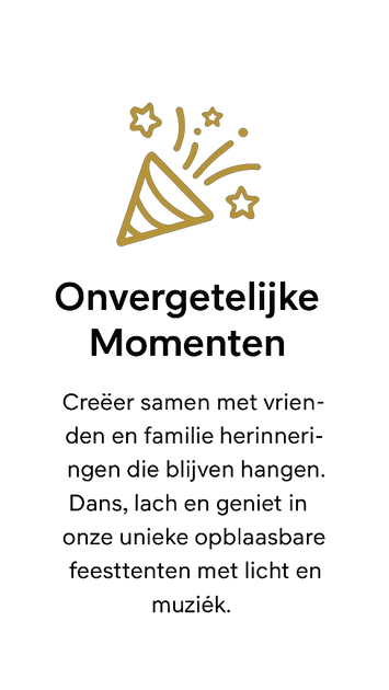 Gouden illustratie van een feesttoeter met tekst die reclame maakt voor opblaasbare feesttenten om onvergetelijke momenten te creëren.