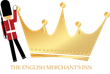 A golden crown and a British guard. Text below reads "The English Merchant's Inn."