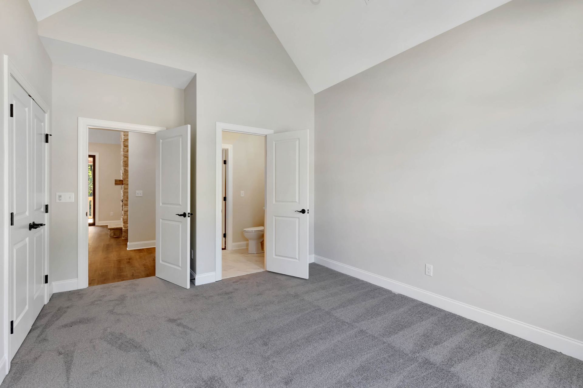 An empty bedroom with a vaulted ceiling and a gray carpet.