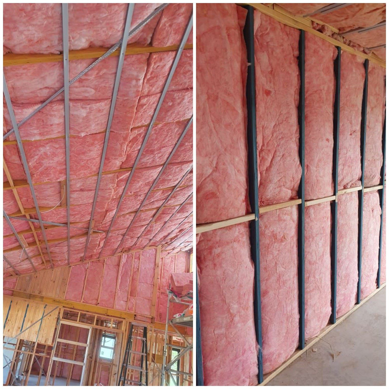 Interior walls and ceiling under construction with exposed framing and pink insulation batts.