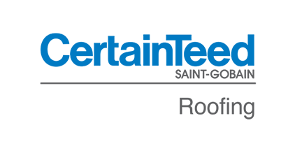 Logo for CertainTeed Roofing, featuring blue text with the Saint-Gobain brand and a horizontal line.