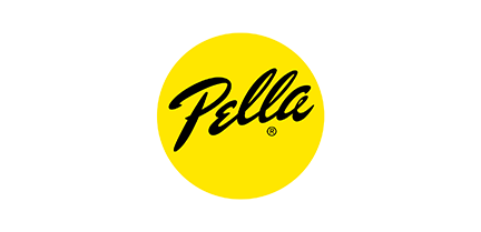 A black script logo for Pella centered on a bright yellow circle against a white background.