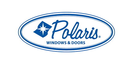The blue, oval-shaped logo for Polaris Windows & Doors features a star icon next to the brand name in a script font.