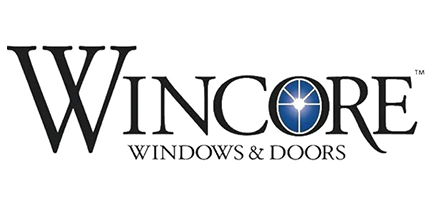 Logo for Wincore Windows & Doors, featuring stylized black text with a blue, circular window icon as the letter O.