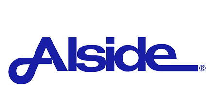 The Alside brand logo featuring the name in stylized, bold blue text on a white background.