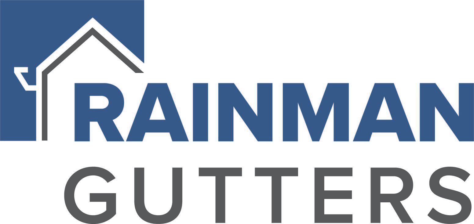 Logo for Rainman Gutters, featuring a white outline of a house roof and gutter inside a blue square next to company text.