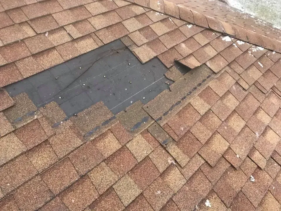 A damaged roof with a section of missing brown asphalt shingles, revealing the black underlayment and roofing nails.
