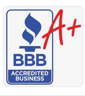 Blue and white Better Business Bureau Accredited Business logo with a large, red, handwritten-style 