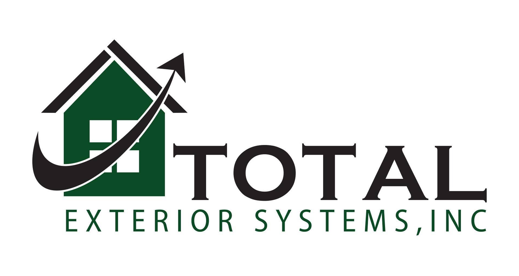 Logo for Total Exterior Systems, Inc. featuring a green house icon with a black swooping checkmark pointing upward.