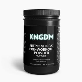 A black bottle of nitric shock pre-workout powder.