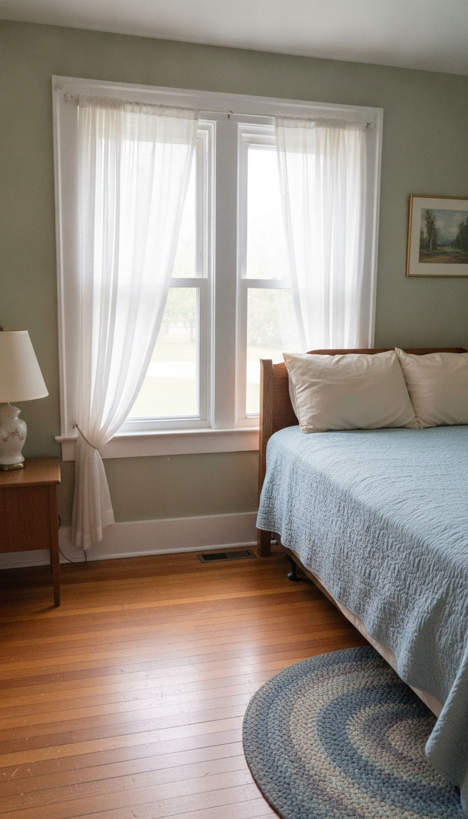 Large dark-framed replacement window installed in a home's front wall