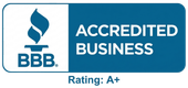 BBB Accredited Business logo with blue badge and A+ rating
