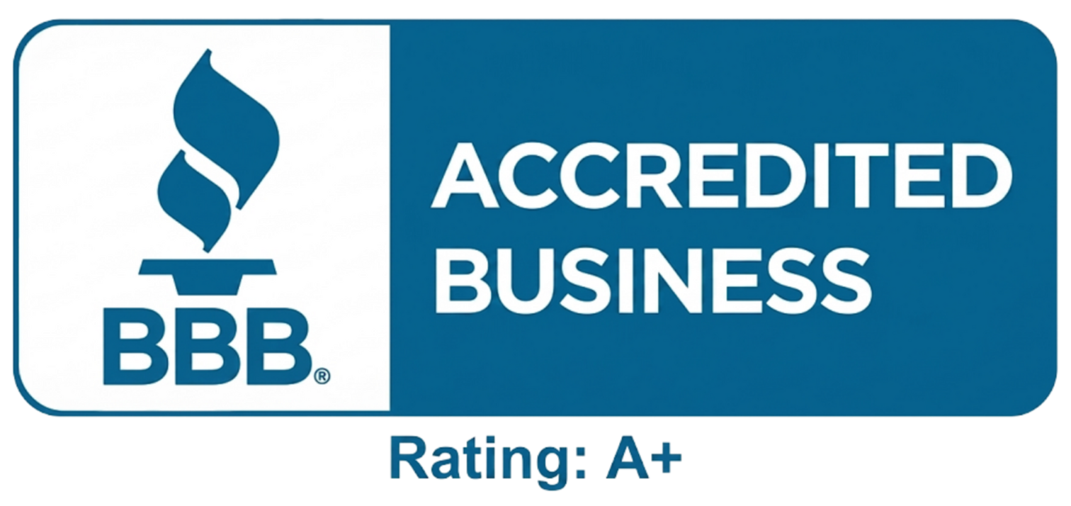 BBB Accredited Business logo with blue badge and A+ rating