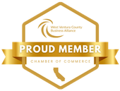 Gold “Proud Member” Chamber of Commerce badge for West Ventura County Business Alliance, with county outline.