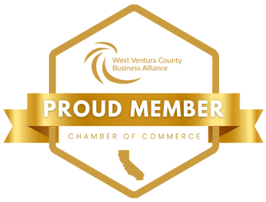 Gold “Proud Member” Chamber of Commerce badge for West Ventura County Business Alliance, with county outline.