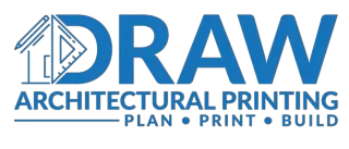 DRAW Architectural Printing logo with blue text and drafting triangle icon, plus &ldquo;PLAN &bull; PRINT &bull; BUILD&rdquo; tagline