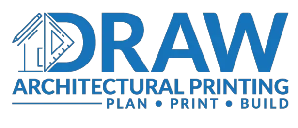 DRAW Architectural Printing logo with blue text and drafting triangle icon, plus “PLAN • PRINT • BUILD” tagline