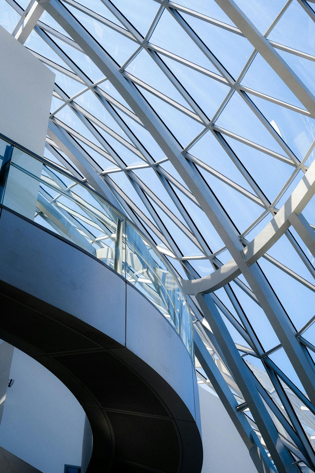 Curved glass atrium ceiling with steel beams and blue sky visible through skylights