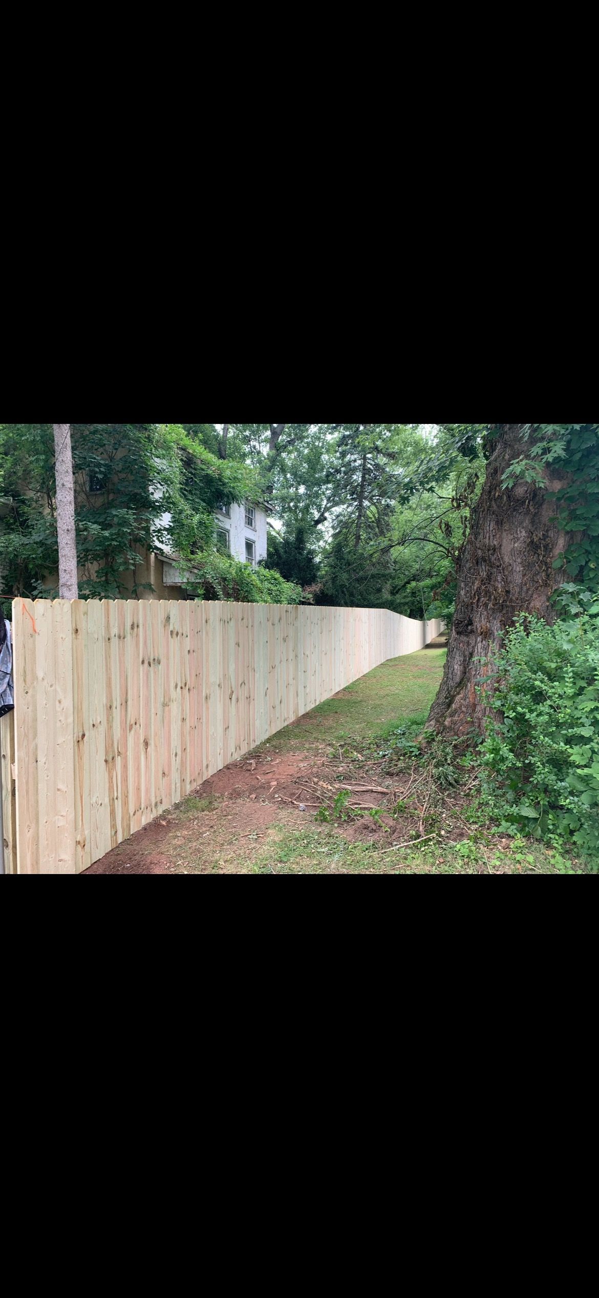 Long wooden fence beside a leafy dirt path and trees in a wooded yard
