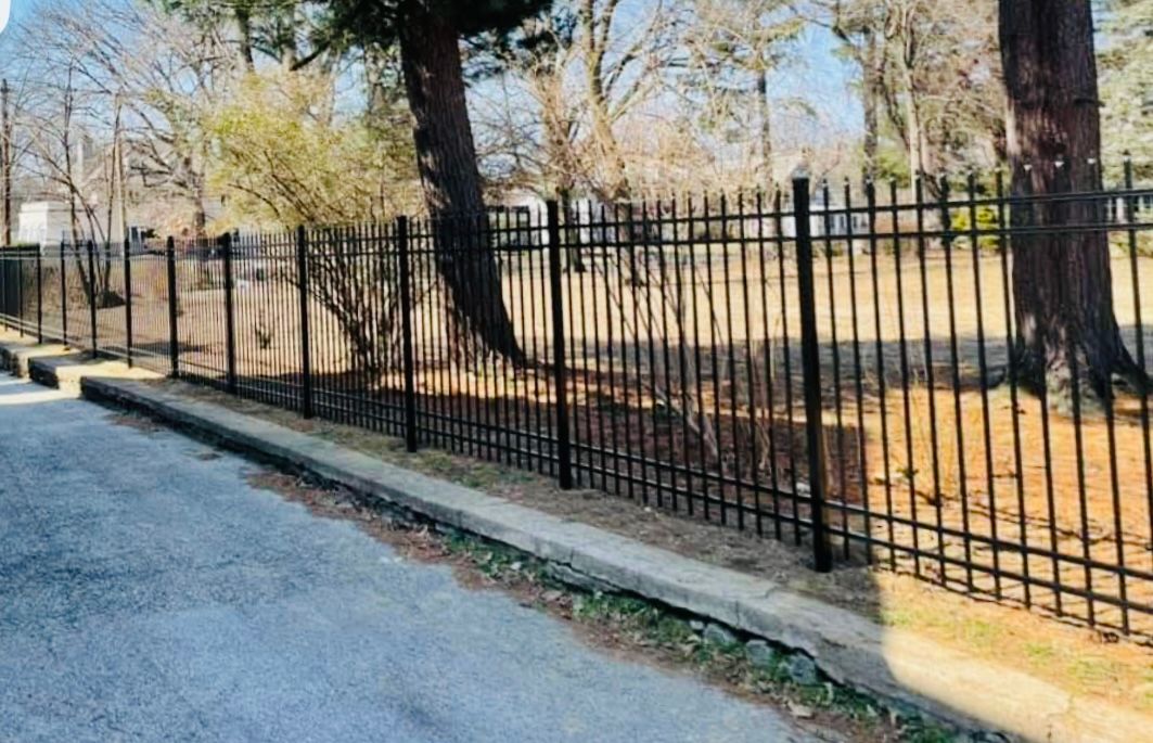 Black iron fence along a sidewalk beside trees and a leaf-covered park area