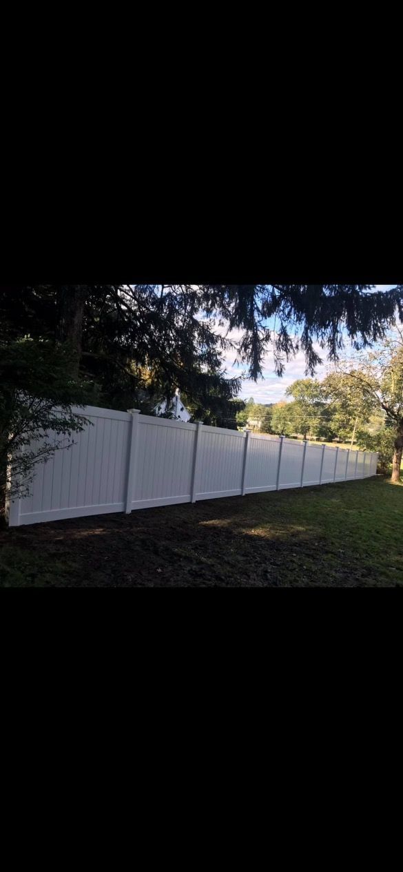 White fence along a grassy yard beneath trees at sunset