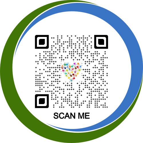 A green and blue circle with a qr code that says scan me