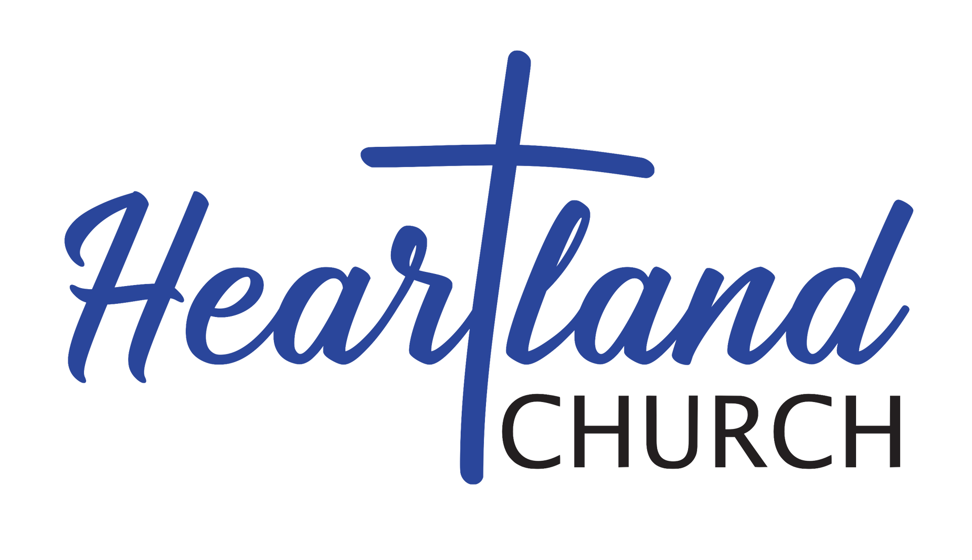 The logo for heartland church has a blue cross on it.