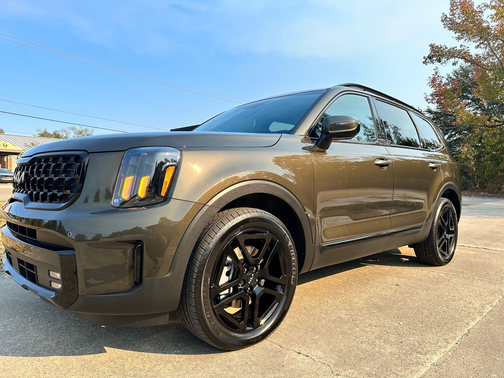 Brown Kia Telluride SUV parked on a paved surface, under a partly cloudy sky.