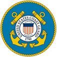 United States Coast Guard emblem: blue and gold circular seal with anchors and shield.