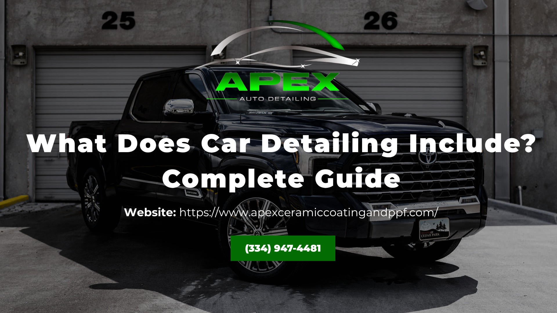 Dark car in garage with APEX logo and text: “What’s Included in Car Detailing? Complete Guide.”