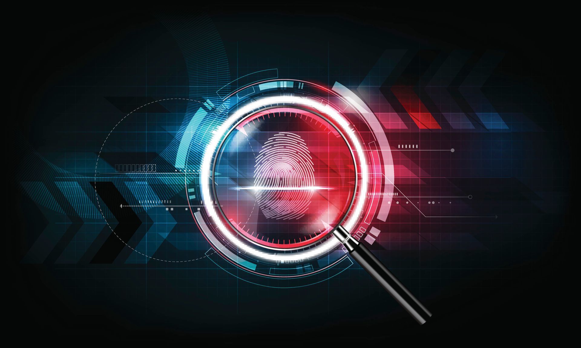 A magnifying glass is looking at a fingerprint on a futuristic background.