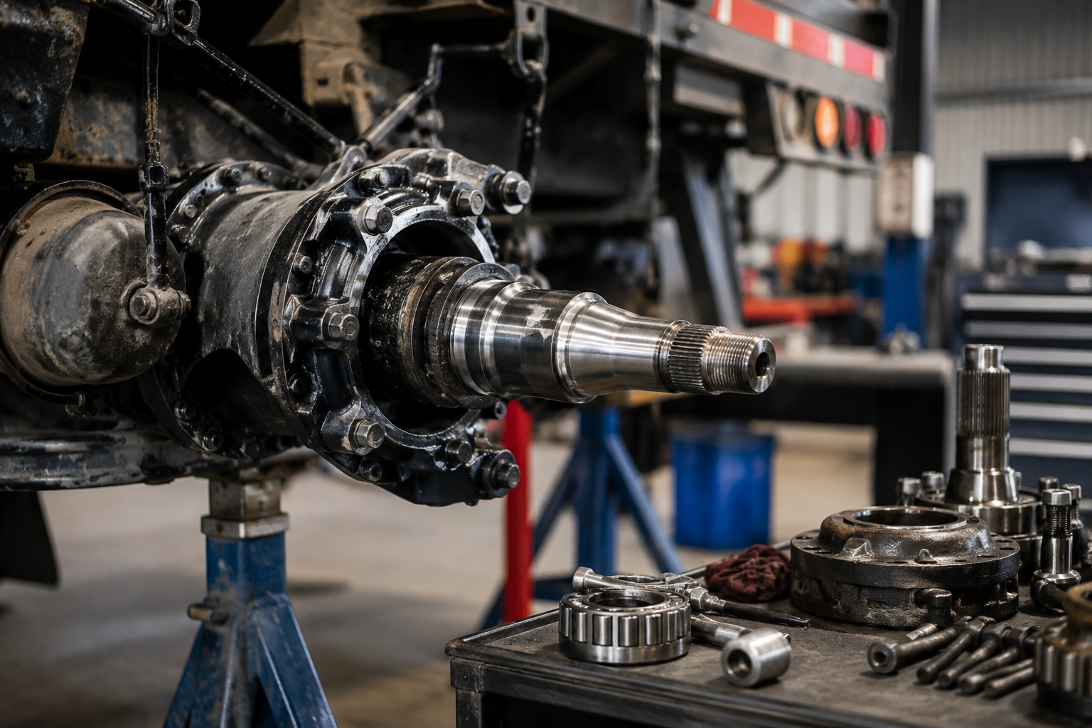 Close-up of a greasy machine shaft in a workshop, with disassembled parts on a workbench.