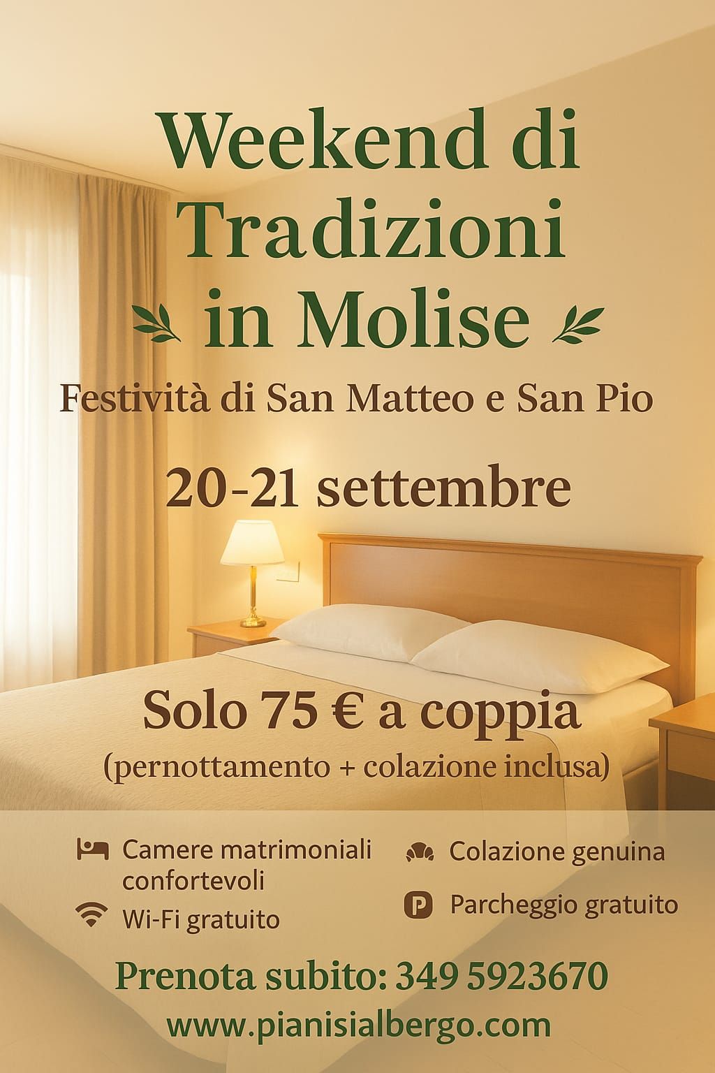 Annuncio per un weekend all'insegna delle tradizioni molisane. Include camera, colazione e parcheggio. 75€/coppia, 20-21 settembre.