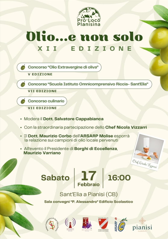 Manifesto per un evento dedicato all'olio d'oliva, con concorsi e relatori ospiti, il 17 febbraio alle ore 16:00 a Sant'Ella a Pianisi (CB).