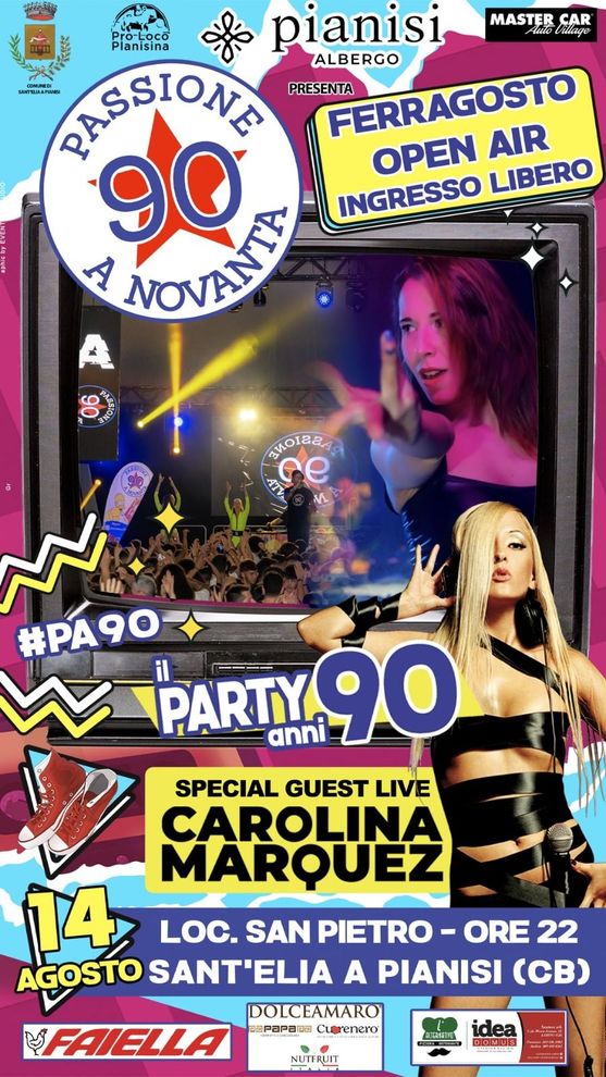 Volantino per una festa a tema anni '90 a Sant'Elia a Pianisi, Italia, con la partecipazione di Carolina Marquez.