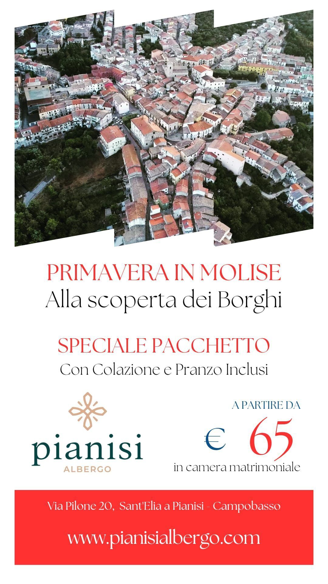 Advertisement for Pianisi Albergo with a bird's-eye view of a town. Text: 